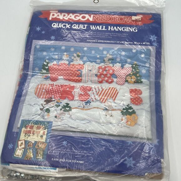 Vtg Merry Christmas Quick Quilt Wall Hanging Kit 80s Paragon Animals Snow 1981 - Picture 2 of 7